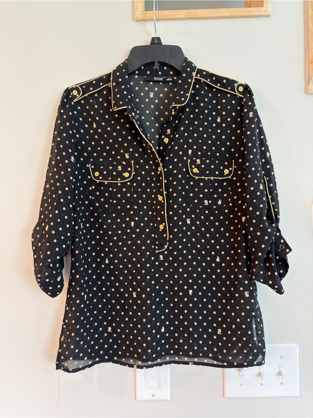 a.n.a Black Blouse with Gold Polka Dots and Piping